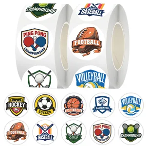 Detailed view of sports theme sticker rolls featuring various ball icons like soccer and basketball.