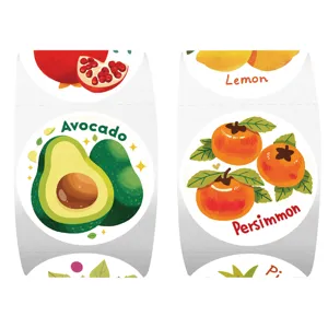 Cute cartoon fruit stickers roll detail, avocado and lemon reward stickers for kids.