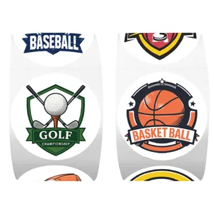 Roll of sports stickers featuring baseball, golf, and basketball logo designs for crafts.