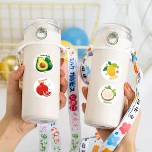 Portable plastic water bottle with cute cartoon fruit stickers and strap for kids and students