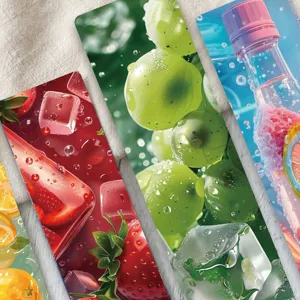 Nahaufnahme bunter Sommer-Frucht-Papierlesezeichen, ideal für Tagebuch-Dekoration und Basteln.