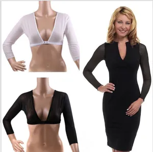 Mesh arm shaper bolero cover up for women, sheer long sleeve top with front closure.