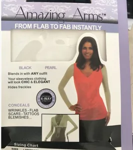 Arm shaper sleeve packaging detail showing features, four-way stretch fabric and model display.