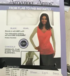 Close-up detail of the stretch arm shaper sleeves packaging and size chart information.
