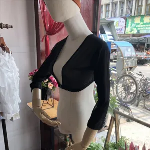 Black mesh shrug top long sleeve bolero crop top sheer cover up detail view for women style.
