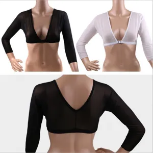 Mesh arm shaper shrug crop top for women, long sleeve front closure bolero, black and white