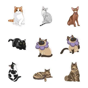 Close-up details of cute cartoon cat stickers featuring various adorable feline poses and breeds.