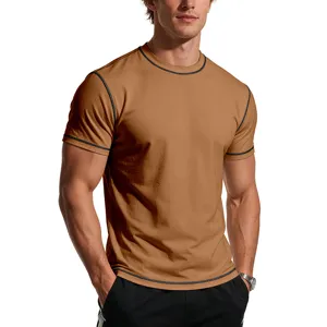 Men's short sleeve t-shirt athletic fitness slim fit casual crew neck top with contrast piping.