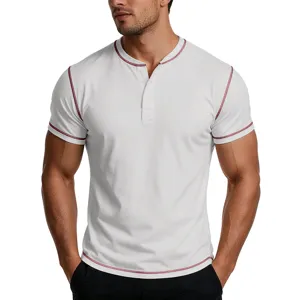 Detail view of men's white short sleeve Henley t-shirt featuring contrast red stitching.
