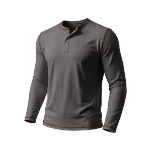 Close-up of men's long sleeve Henley shirt detail, contrast red stitching style.