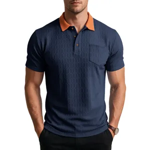 Close-up detail of the men's polo shirt featuring contrast collar and unique textured fabric.