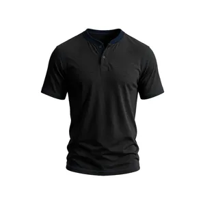 Men's short sleeve Henley t-shirt with contrast stitching and buttons for summer casual wear.