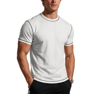 Men's white athletic t-shirt detail showing contrast stitching and slim fit design.
