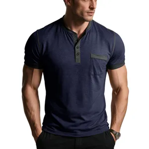 Mens slim fit short sleeve henley t-shirt with contrast pocket casual summer top apparel