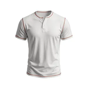 Contrast stitching short sleeve Henley shirt detail, white slim fit casual top, soft cotton.