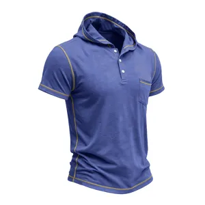 Men's retro short sleeve hooded henley shirt with contrast stitching and chest pocket detail.