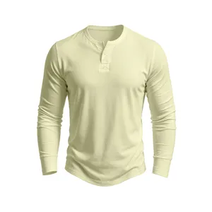 Men solid color long sleeve Henley shirt casual basic V-neck top for comfortable daily wear.