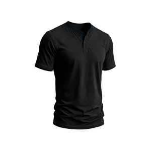 Men short sleeve Henley t-shirt detail view, casual summer top with contrast stitching.