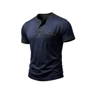 Detail view of mens short sleeve henley shirt, contrast trim, pocket, casual summer top.