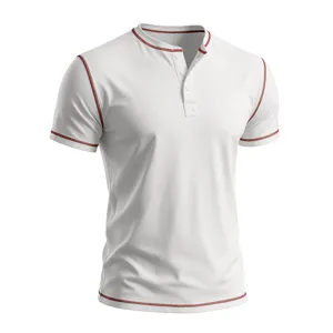 Close-up detail of the white short-sleeve Henley shirt featuring stylish contrast red stitching.