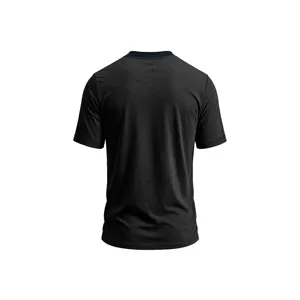 Back view detail of dark grey short sleeve t-shirt, casual comfort summer apparel design.