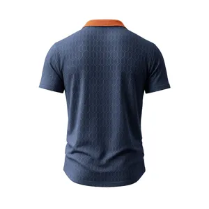 Men's summer short sleeve polo shirt in dark blue with orange contrast collar, casual tee.