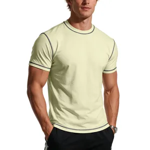 Men's athletic short sleeve t-shirt detail view, breathable cotton slim fit running tee shirt.