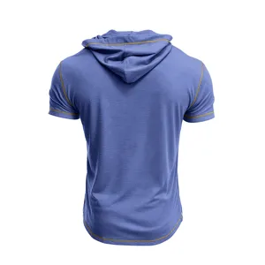 Back view detail of men's casual short sleeve hoodie featuring contrast stitching design.