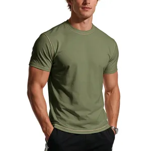 Men short sleeve slim fit t-shirt, casual athletic gym workout tee with contrast stitching.
