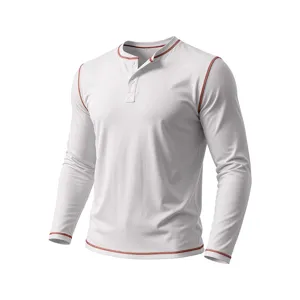 Details of the white long-sleeve henley shirt with red contrast stitching for men.