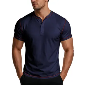 Men's slim fit navy blue short sleeve henley t-shirt with red contrast stitching details
