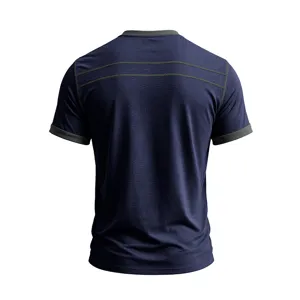 Men's navy blue short sleeve t-shirt with contrast grey trim and back stitching detail.