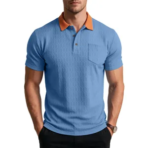 Men's short-sleeve polo shirt with contrast orange collar and chest pocket for summer wear.
