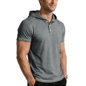 Men's short sleeve hooded polo shirt vintage style casual top summer fashion grey clothing