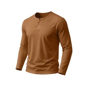 Detailed view of men's long sleeve solid brown Henley shirt with button placket and V-neck.