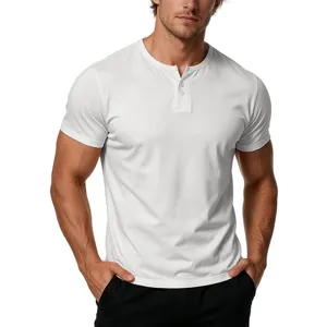 White men's short sleeve Henley shirt detail view showcasing button placket and soft cotton fabric.