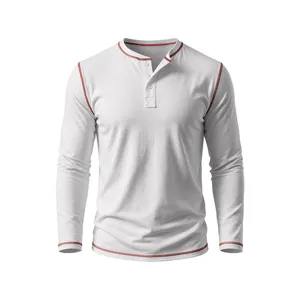 Men's long sleeve henley t-shirt casual white top with red contrast stitching details.