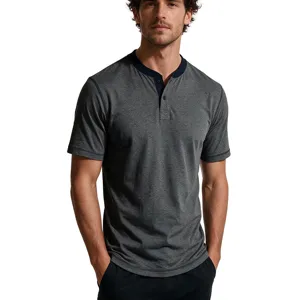 Men Henley T-Shirt Contrast Color Short Sleeve Casual Polyester Spandex Summer Top Slim Fit Breathable Henley Neck T-Shirt