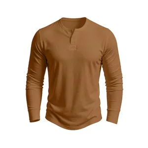 Men's solid color long sleeve henley shirt casual V-neck top with button placket.
