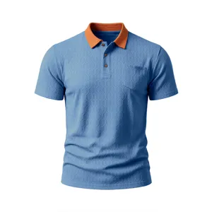 Mens short sleeve polo shirt in blue with contrasting orange collar and chest pocket daily wear.