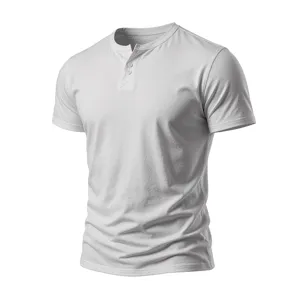 Men solid white short sleeve henley t-shirt detail view, casual minimalist cotton basic top.