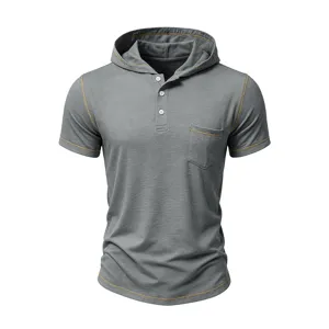 Men's Casual Short Sleeve Hooded Henley T-Shirt Vintage Contrast Stitching Grey Top