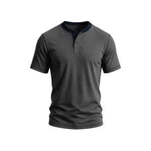 Detailed view of men's short sleeve Henley t-shirt in dark grey with contrasting collar.