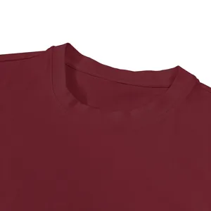 Men's solid color crew neck t-shirt collar and shoulder detail close-up view.