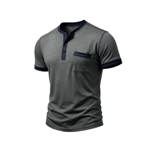 Men's grey short sleeve Henley t-shirt with contrast navy pocket and trim, casual summer wear.