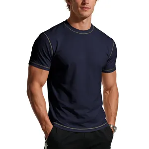 Men's slim fit athletic short sleeve t-shirt with contrast stitching for gym and running.