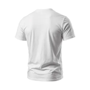 Back view detail of casual solid white short sleeve t-shirt showing clean fabric and stitching.