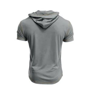 Detail view of mens grey short sleeve hooded t-shirt with contrast stitching casual top