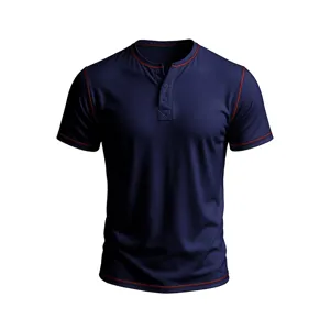 Men's Navy Blue Short Sleeve Henley Shirt Featuring Contrast Stitching Casual Top
