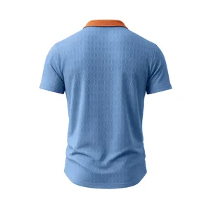 Men's casual short sleeve polo shirt featuring geometric texture and contrast orange collar.